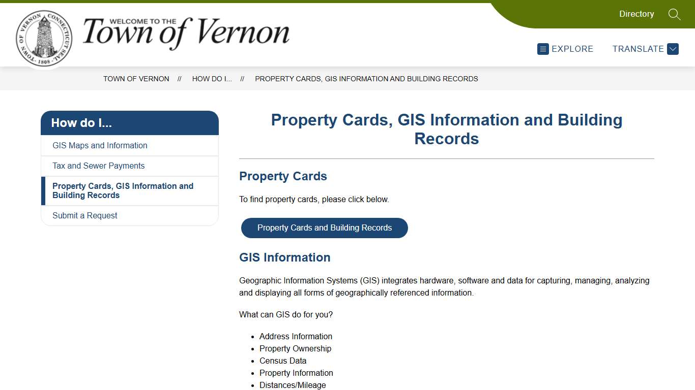Property Cards, GIS Information and Building Records | Town Of Vernon